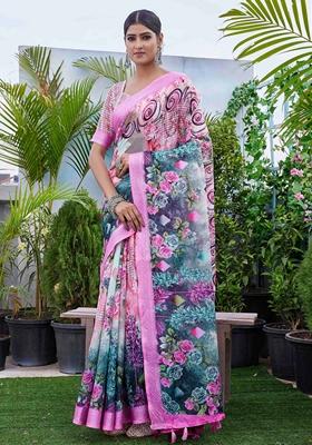 Pink Floral Print Linen Saree Set