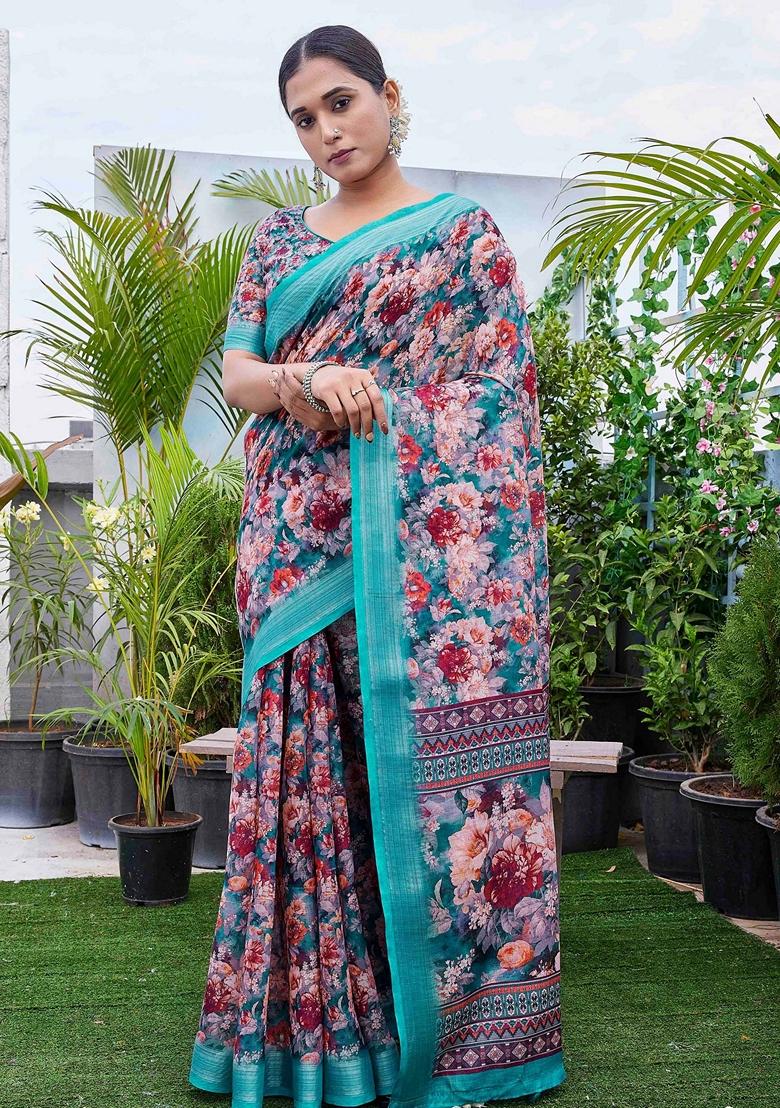 Multicolor Floral Print Linen Saree Set