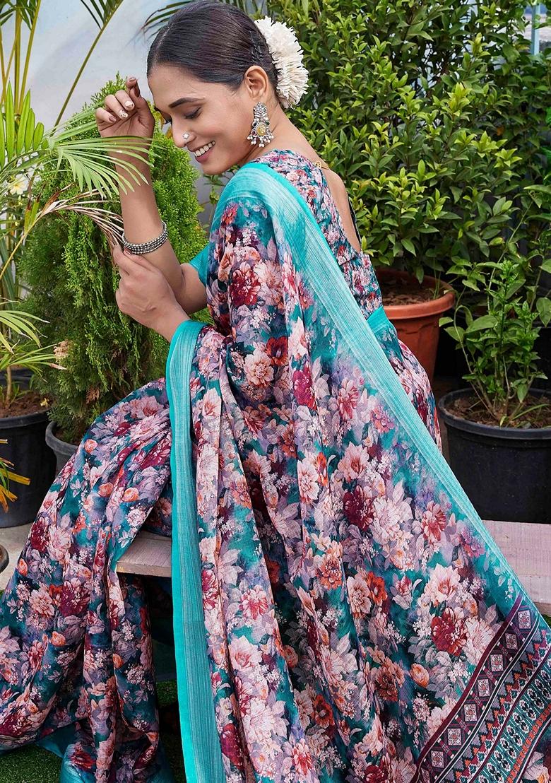 Multicolor Floral Print Linen Saree Set