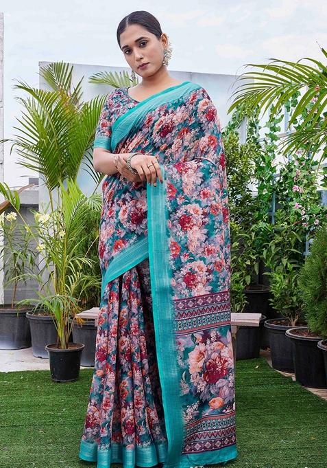 Multicolor Floral Print Linen Saree Set