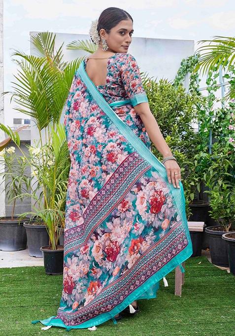 Multicolor Floral Print Linen Saree Set