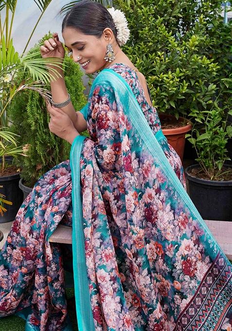 Multicolor Floral Print Linen Saree Set