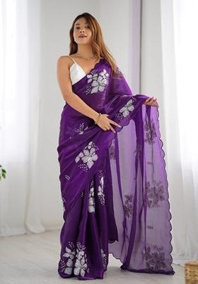 Purple Sequin Embroidered Art Silk Saree Set