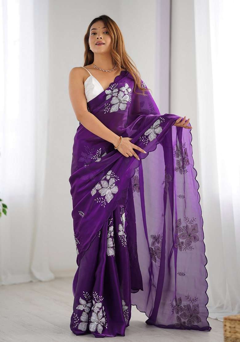 Purple Sequin Embroidered Art Silk Saree Set - Indya