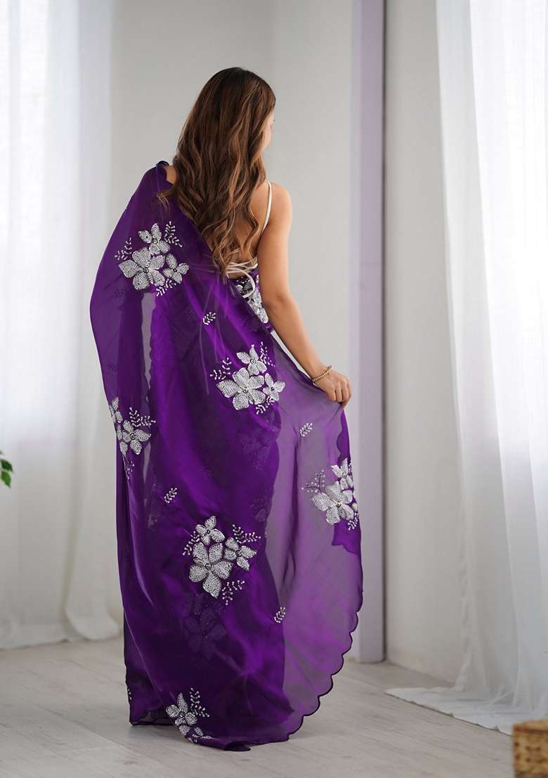 Purple Sequin Embroidered Art Silk Saree Set - Indya