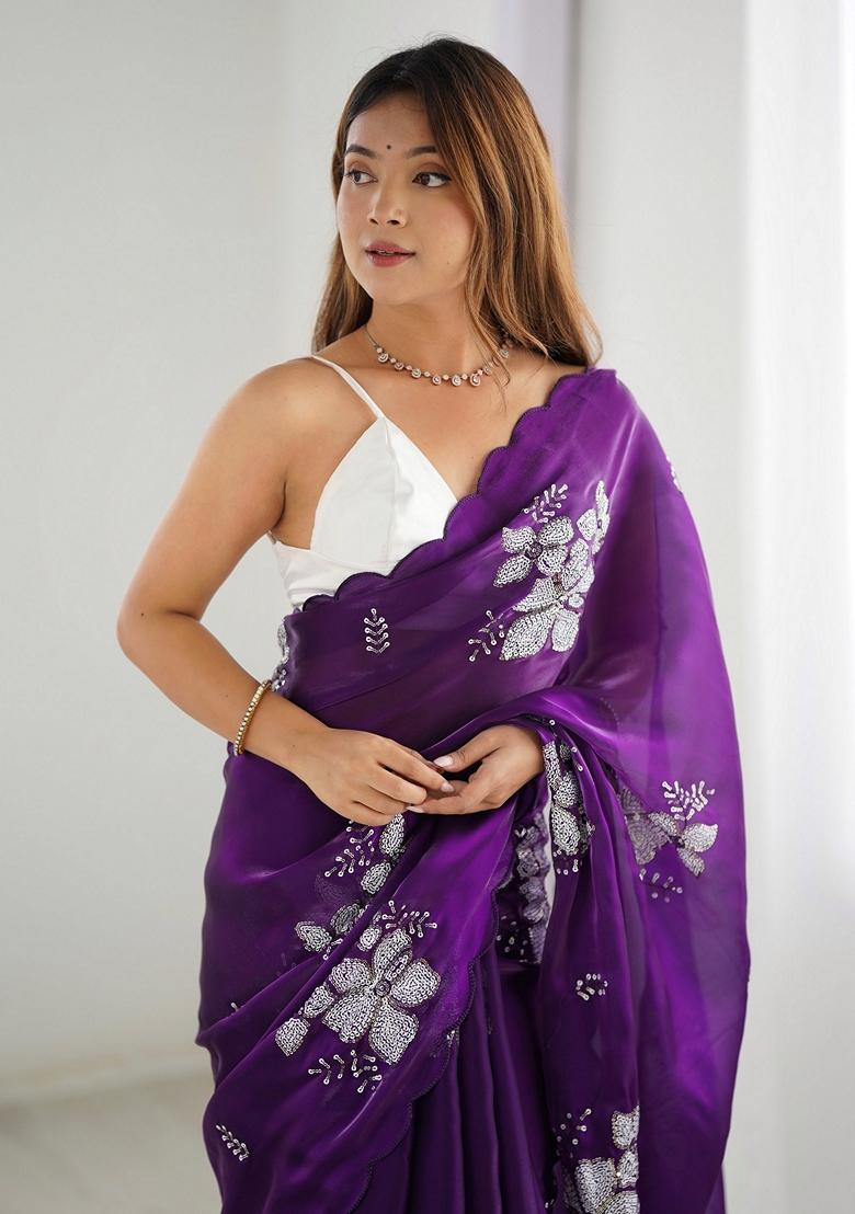 Purple Sequin Embroidered Art Silk Saree Set