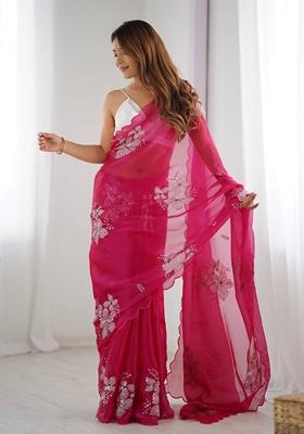 Pink Sequin Embroidered Art Silk Saree Set