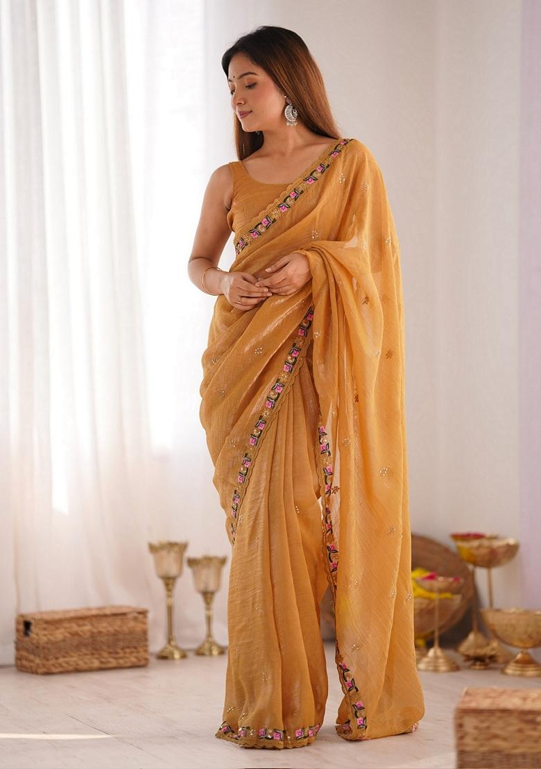 Mustard Sequin Embroidered Art Silk Saree Set