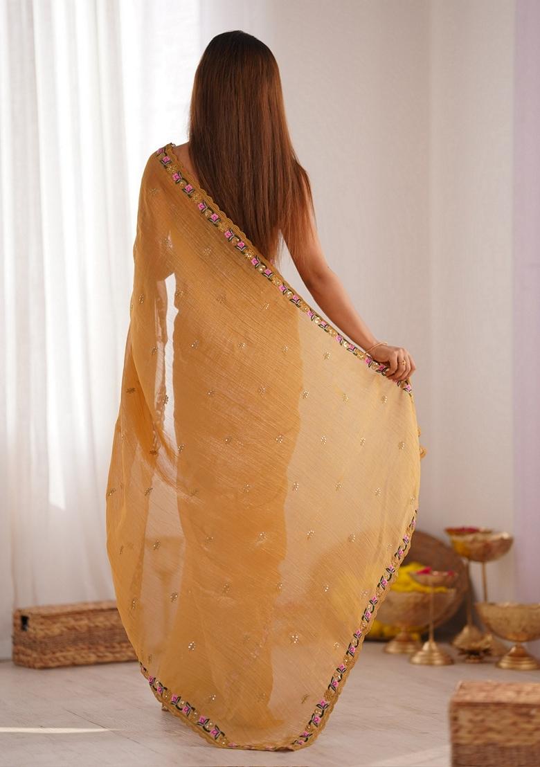 Mustard Sequin Embroidered Art Silk Saree Set