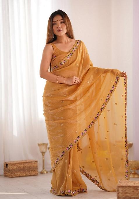 Mustard Sequin Embroidered Art Silk Saree Set