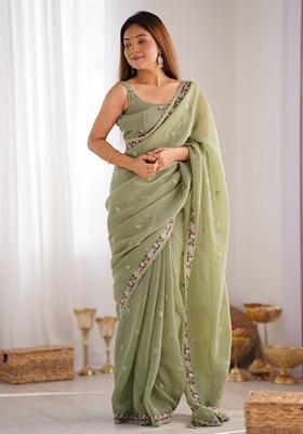 Green Sequin Embroidered Art Silk Saree Set