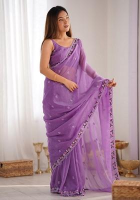 Purple Sequin Embroidered Art Silk Saree Set