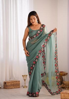 Green Resham Embroidered Art Silk Saree Set
