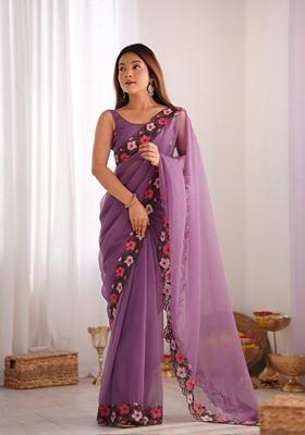 Lavender Resham Embroidered Art Silk Saree Set