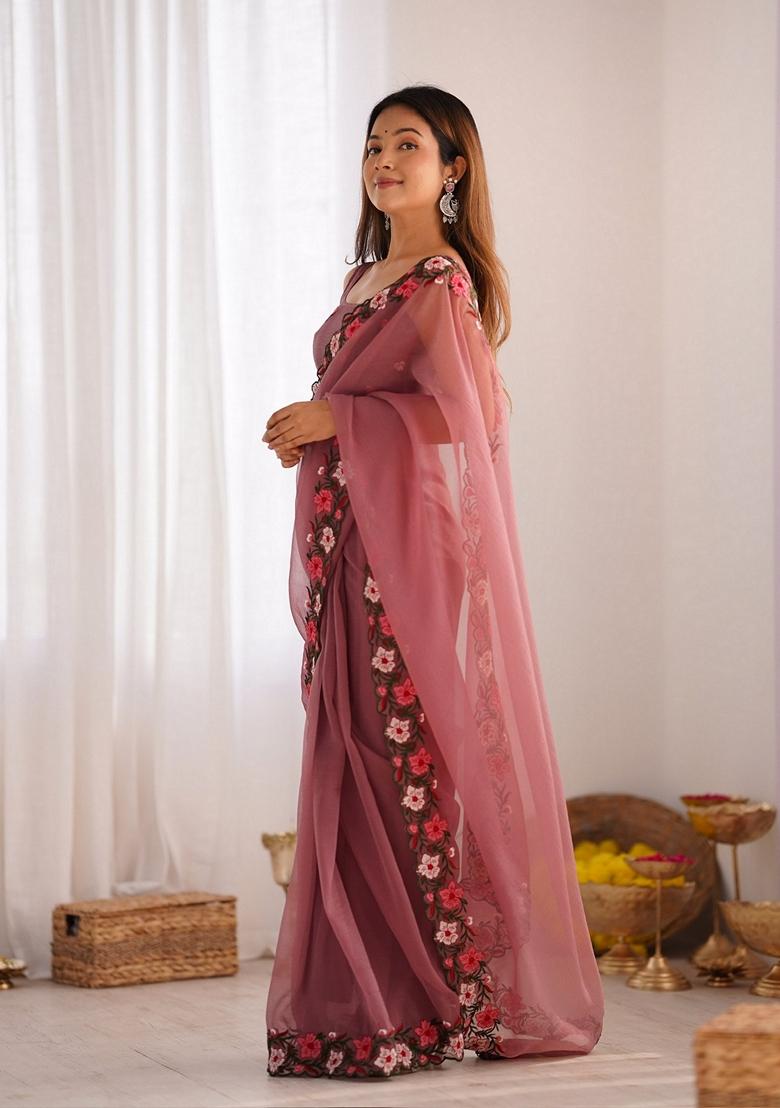 Mauve Resham Embroidered Art Silk Saree Set