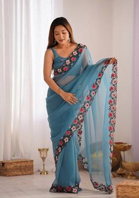Sky Blue Resham Embroidered Art Silk Saree Set