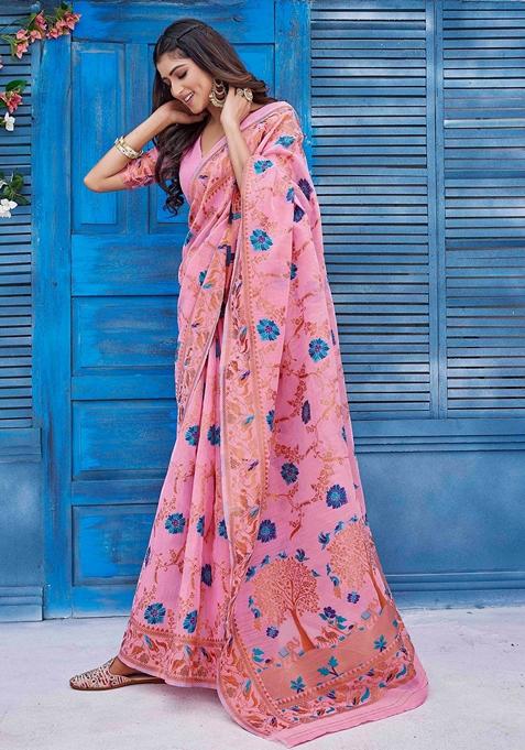 Pink Zari Woven Linen Saree Set