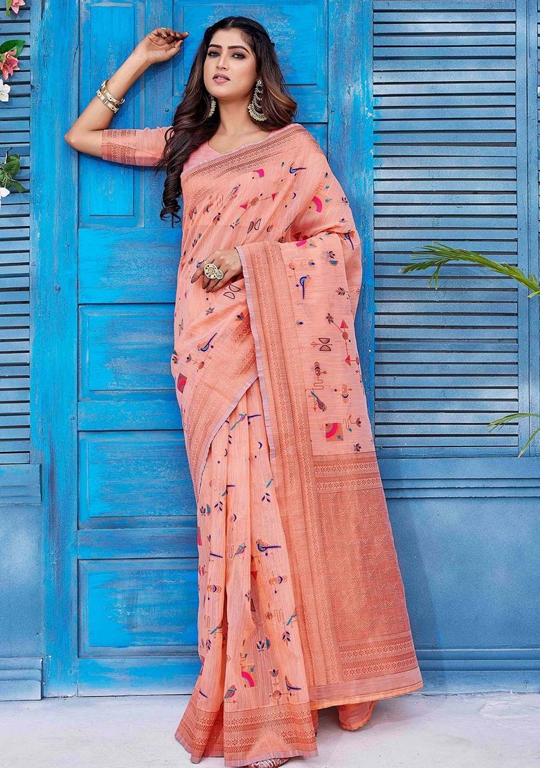 Peach Zari Woven Linen Saree Set