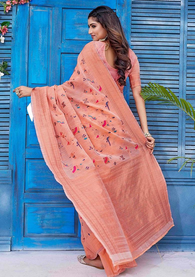 Peach Zari Woven Linen Saree Set