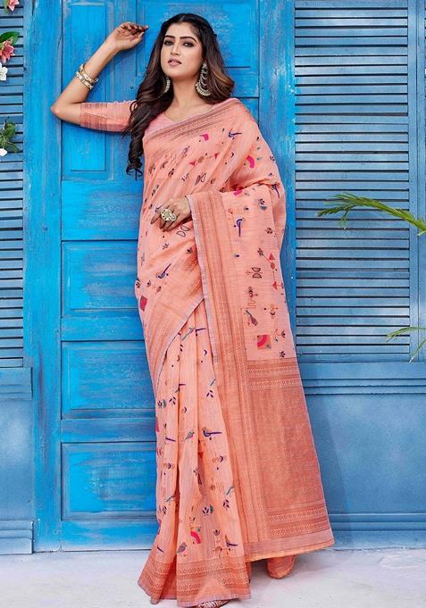 Peach Zari Woven Linen Saree Set
