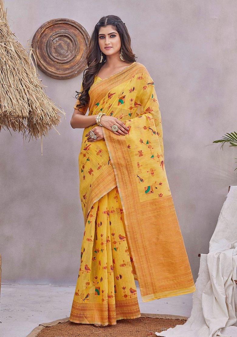 Yellow Zari Woven Linen Saree Set