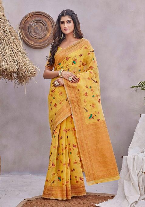 Yellow Zari Woven Linen Saree Set