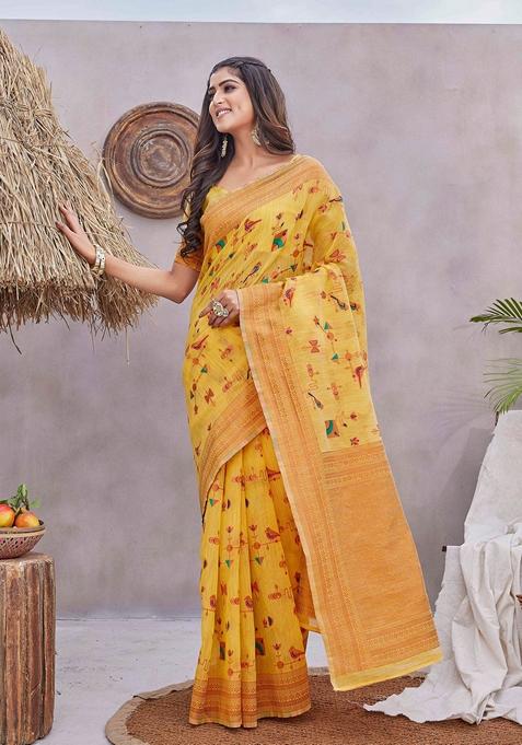 Yellow Zari Woven Linen Saree Set