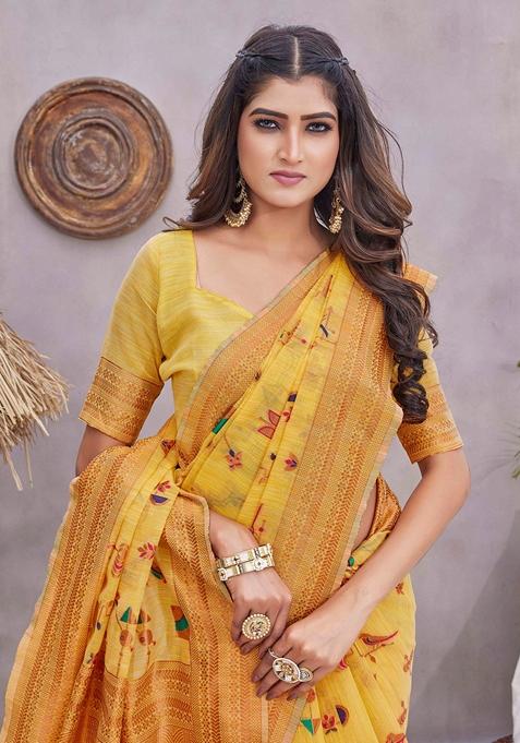Yellow Zari Woven Linen Saree Set