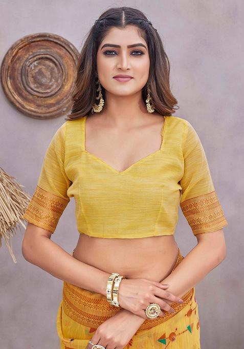 Yellow Zari Woven Linen Saree Set