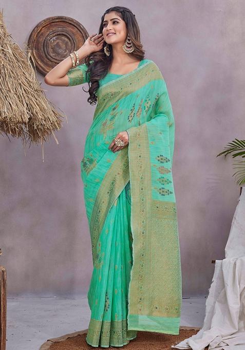 Sea Green Zari Woven Linen Saree Set