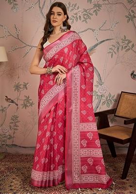 Pink Abstract Print Linen Saree Set
