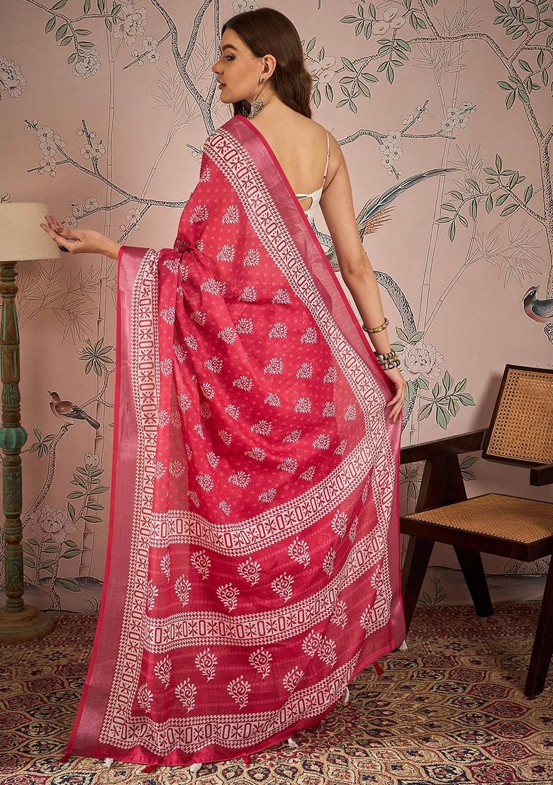 Pink Abstract Print Linen Saree Set