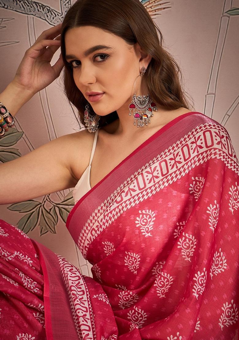 Pink Abstract Print Linen Saree Set