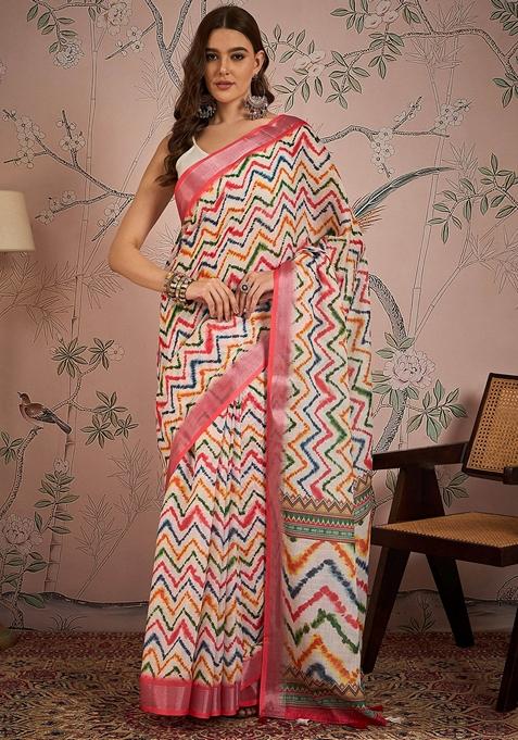 Off White Abstract Print Linen Saree Set