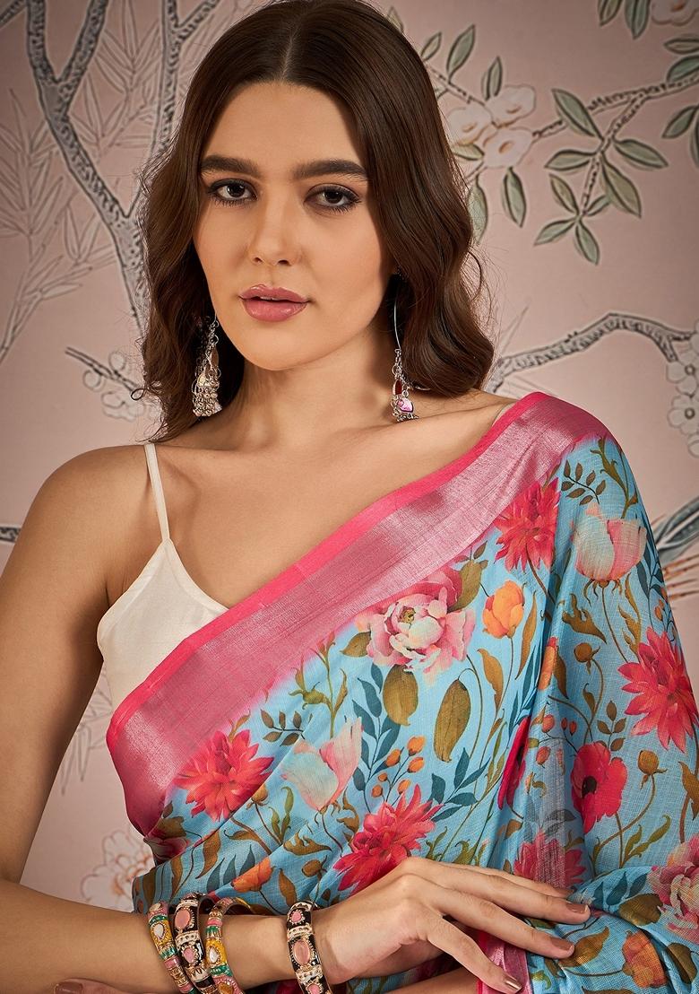Sea Green Abstract Print Linen Saree Set