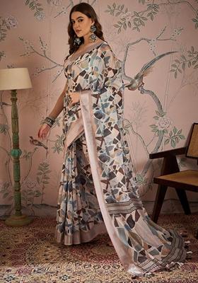 Mauve Abstract Print Linen Saree Set