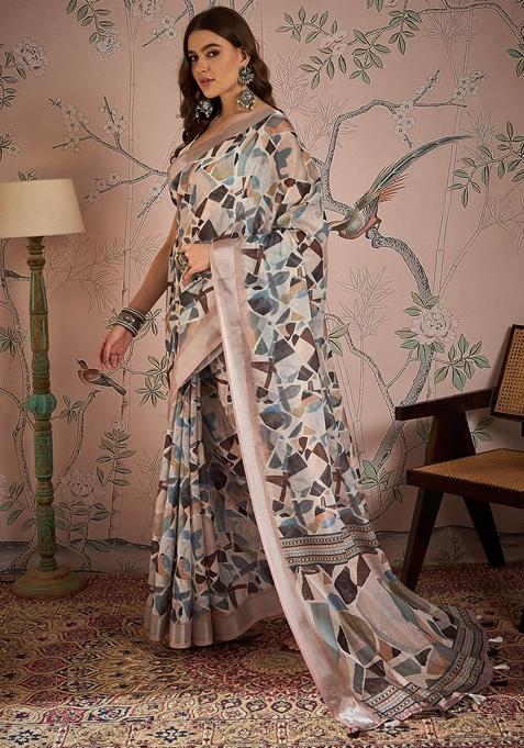Mauve Abstract Print Linen Saree Set