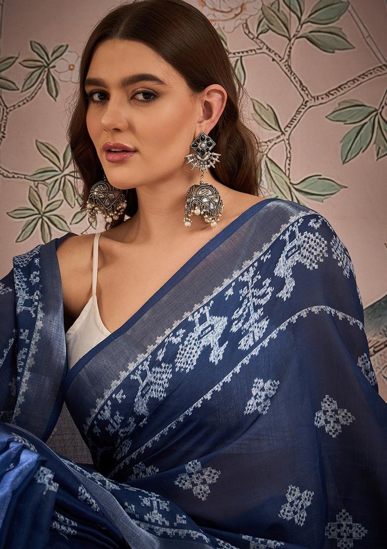 Navy Blue Abstract Print Linen Saree Set