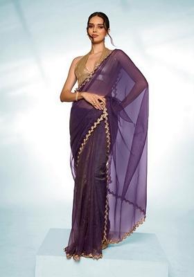 Purple Abstract Print Tissue Saree Set