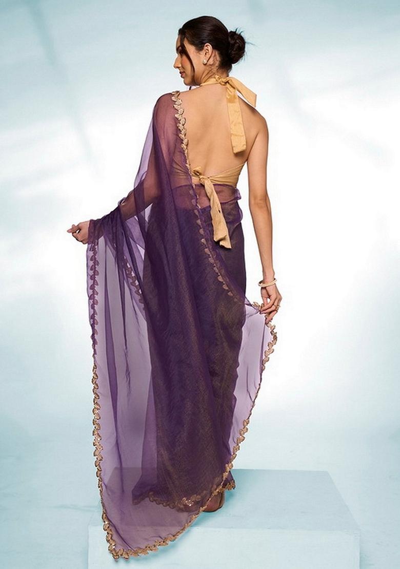 Purple Abstract Print Tissue Saree Set