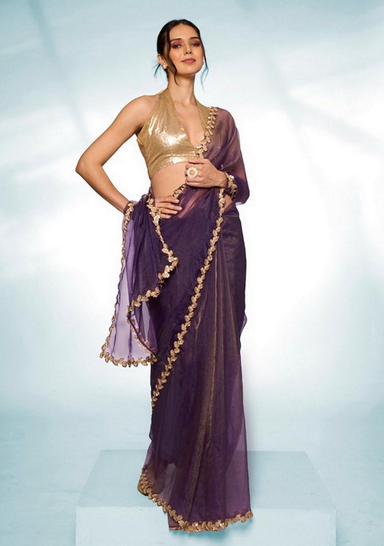 Purple Abstract Print Tissue Saree Set