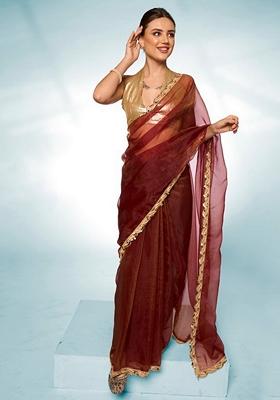 Brown Abstract Print Tissue Saree Set