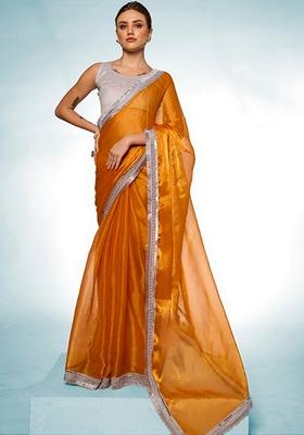 Mustard Abstract Print Chiffon Saree Set
