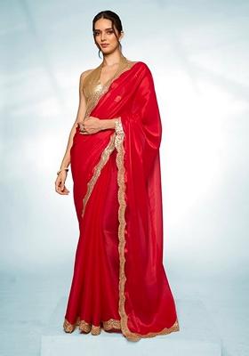 Red Abstract Print Art Silk Saree Set