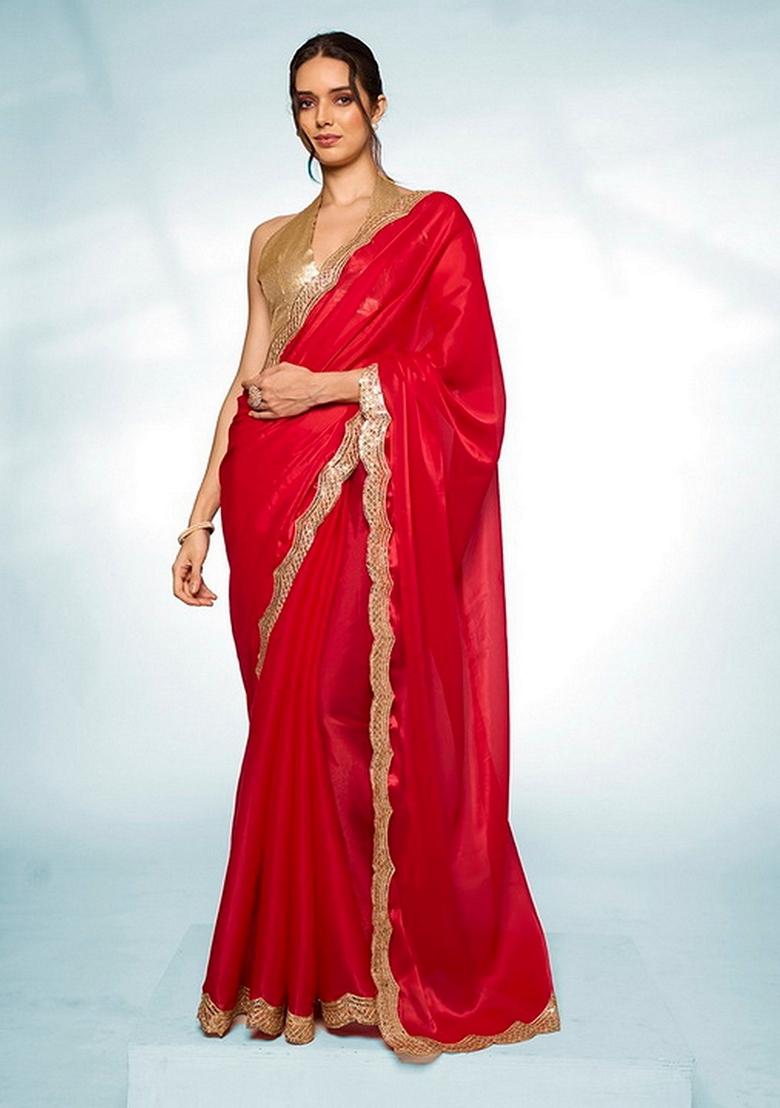 Red Abstract Print Art Silk Saree Set