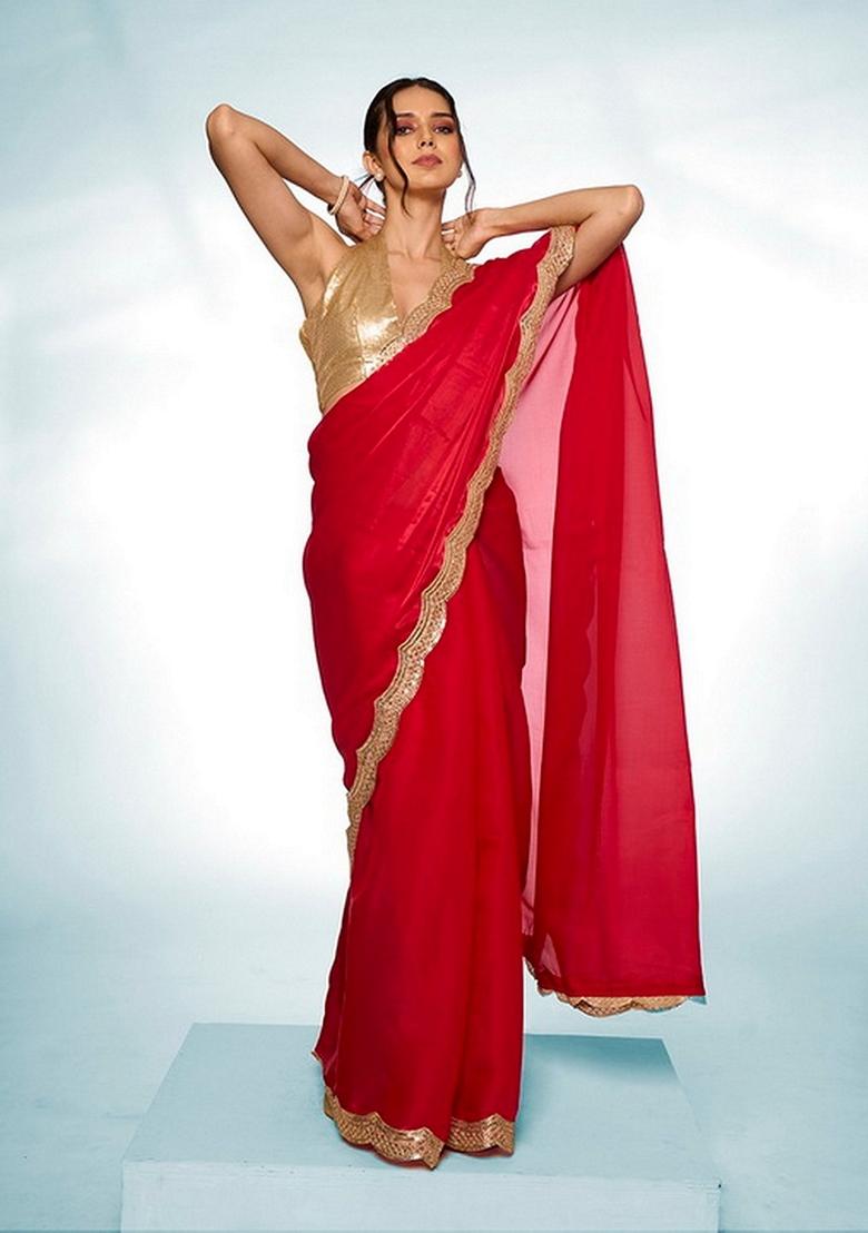 Red Abstract Print Art Silk Saree Set