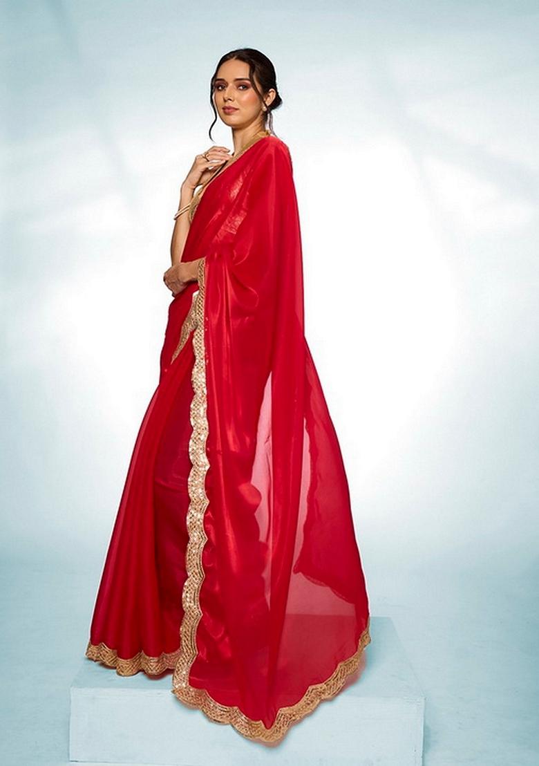 Red Abstract Print Art Silk Saree Set