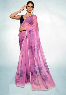Purple Abstract Print Organza Saree Set
