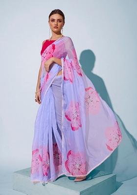 Sky Blue Abstract Print Organza Saree Set