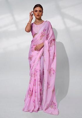 Pink Abstract Print Satin Saree Set